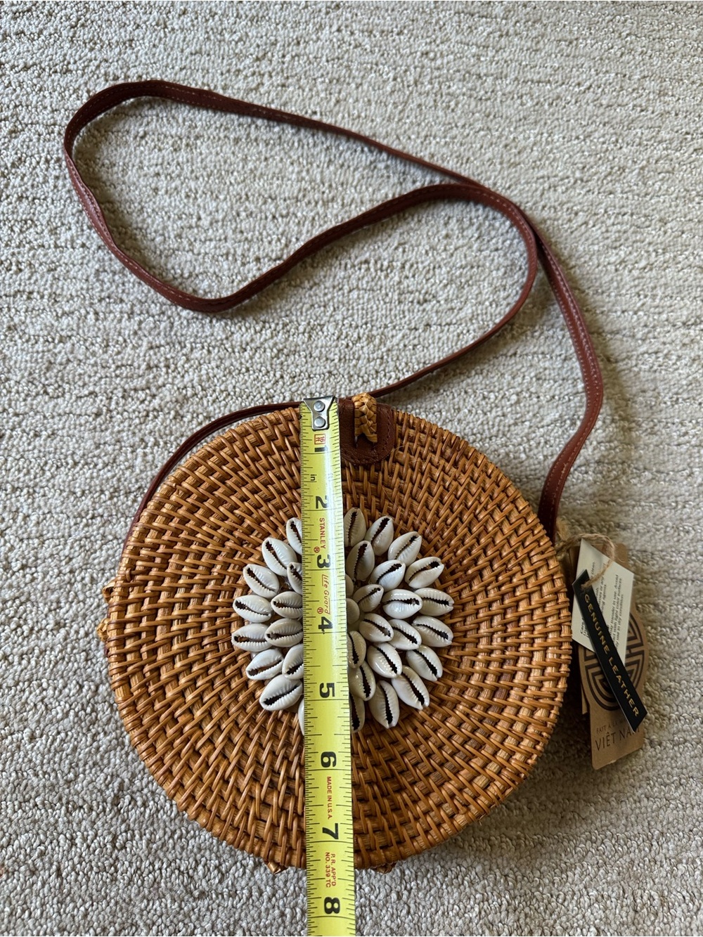 Savanna Handwoven Round Rattan Crossbody Bag with Shell Accent - Brown Leather